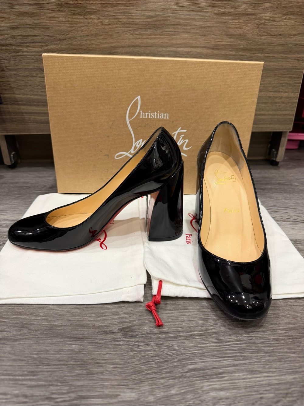Christian Louboutin Black Patent Leather Block Heel Pumps wear once